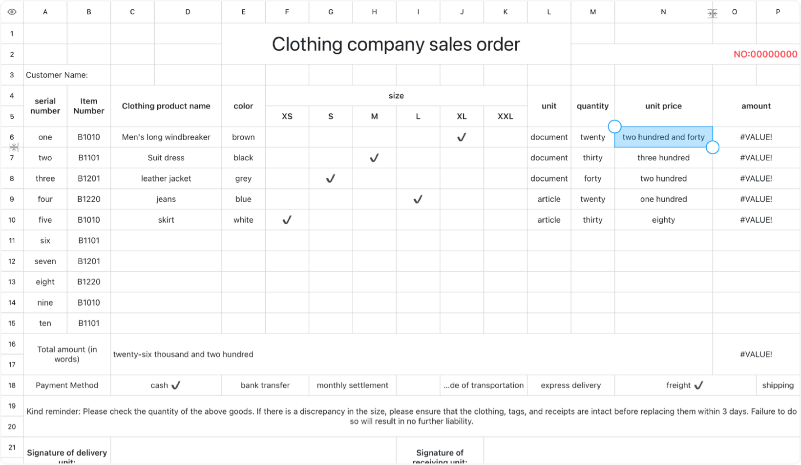 Clothing company sales order
